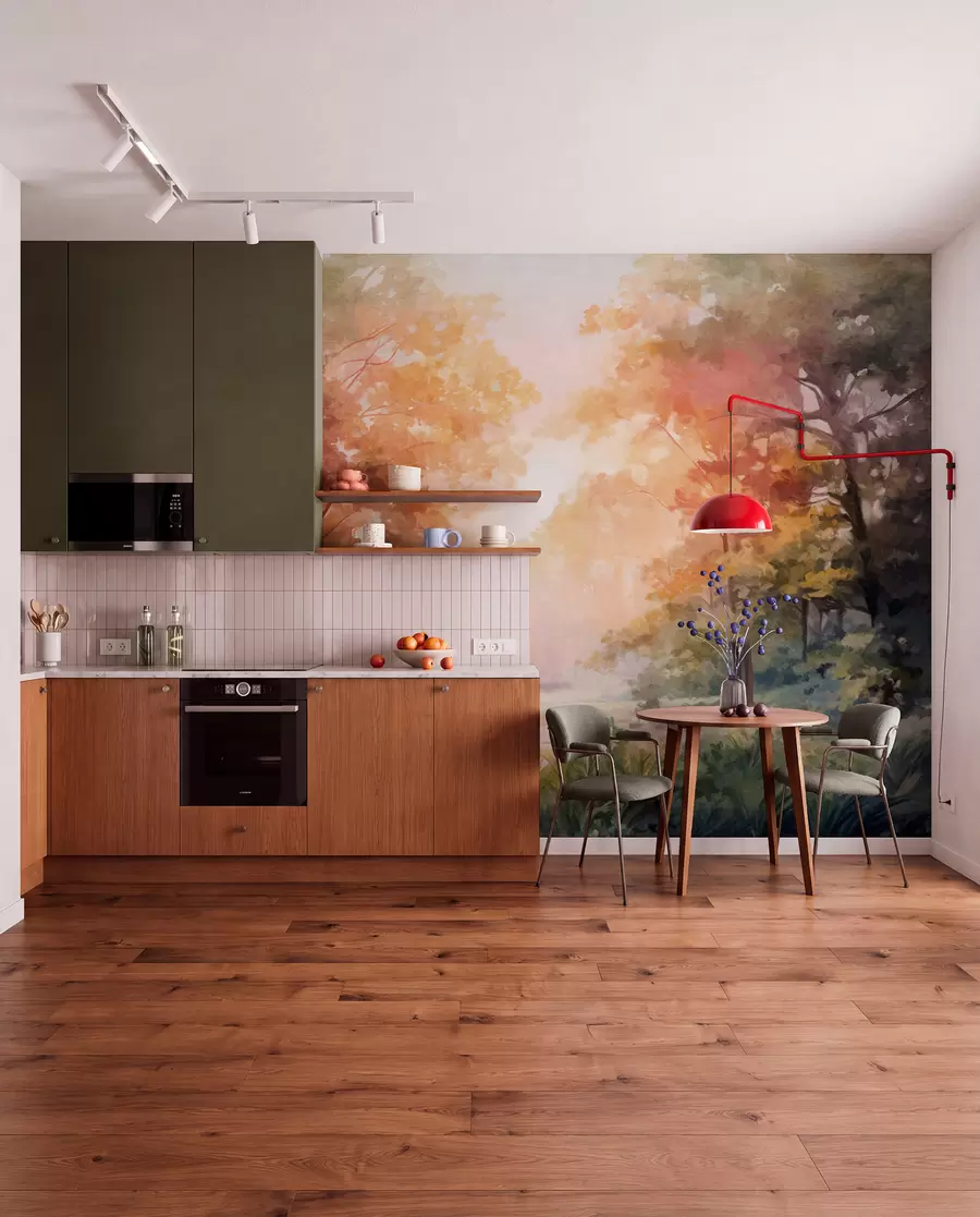 wall murals Textured forest landscape, trees with orange and green leaves, pastel color palette w09210v1
