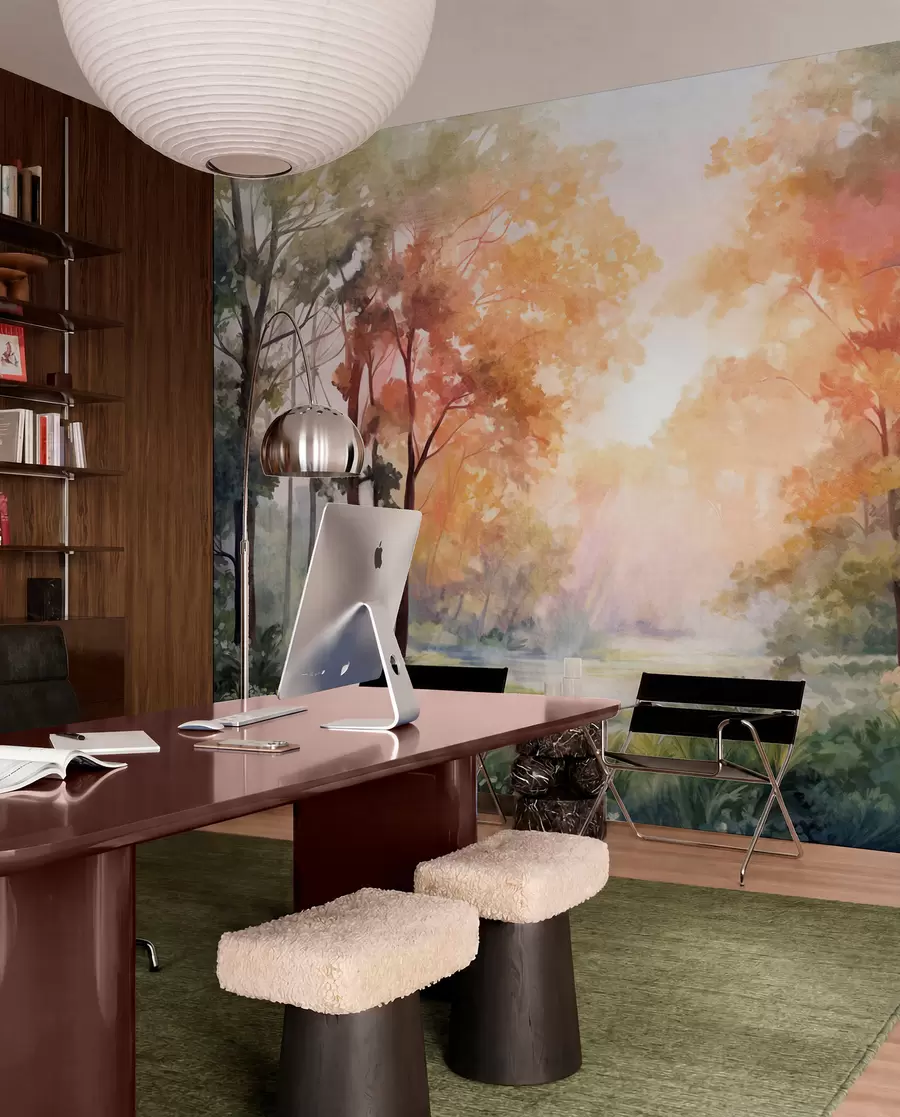 wall murals Textured forest landscape, trees with orange and green leaves, pastel color palette w09210v1