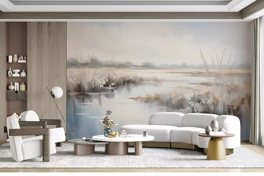 wall murals Textured tranquil landscape with tall grasses and calm water, soft pastel colors, distant trees on the horizon w09213