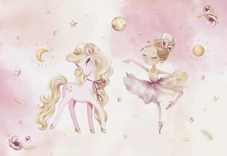 wall murals Unicorn and ballerina in a pink fairy tale, children's story w04196