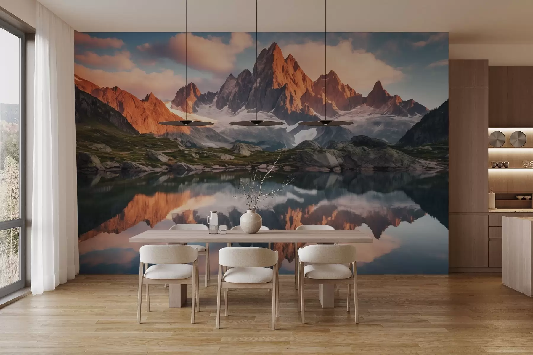 wall murals Mountains at dawn, reflection in water, realistic landscape w04150