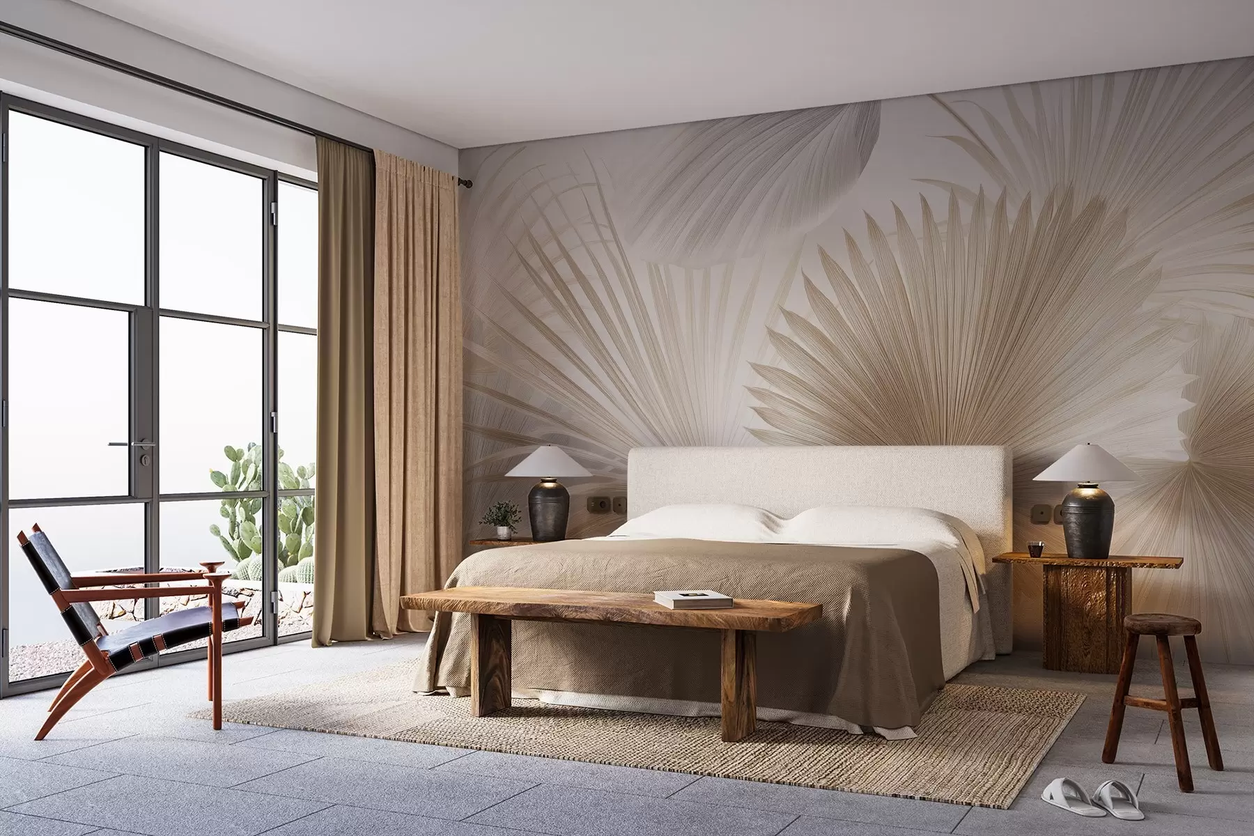 wall murals Soft tropical leaf fans in light beige and bluish tones w09084