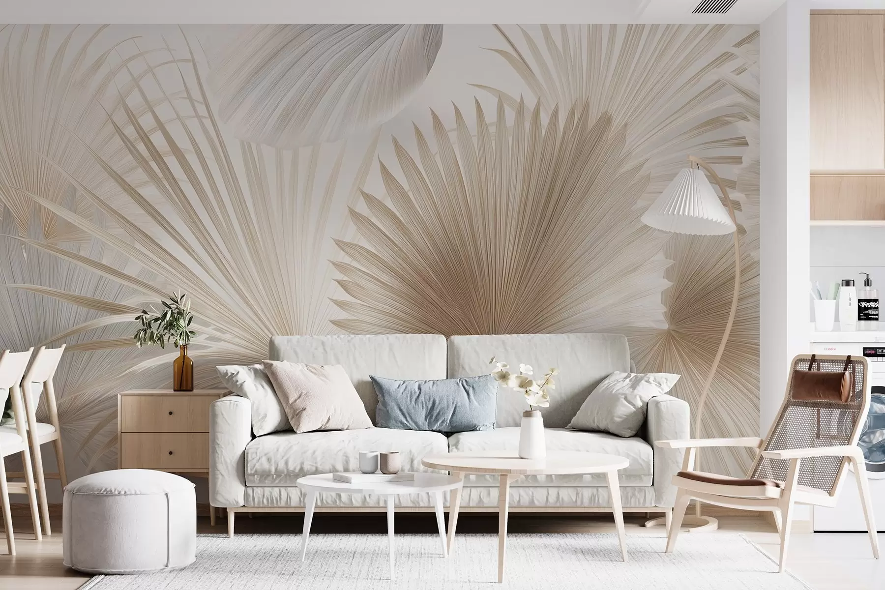 wall murals Soft tropical leaf fans in light beige and bluish tones w09084