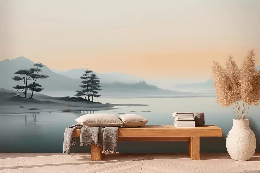 wall murals Minimalist landscape with misty mountains and a lake w09151