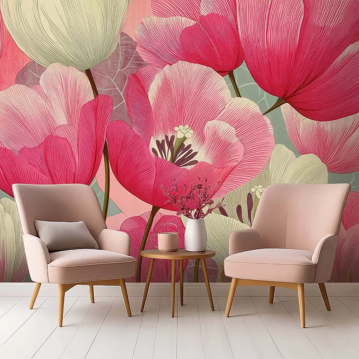 wall murals Vivid poppies with graphic leaves in the background w09152