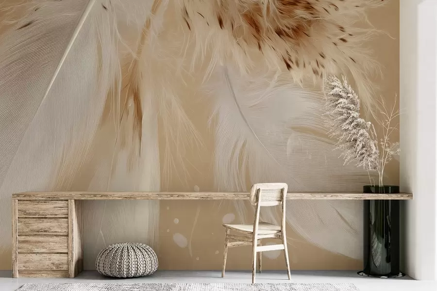 wall murals Light feathers in warm beige and white tones w09153