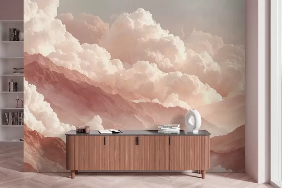 wall murals Warm sunrise over mountains with fluffy clouds w09226