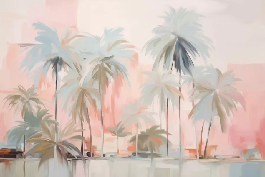wall murals Abstract minimalistic pastel tropical palm trees, against a background of soft pink and peach hues w09212