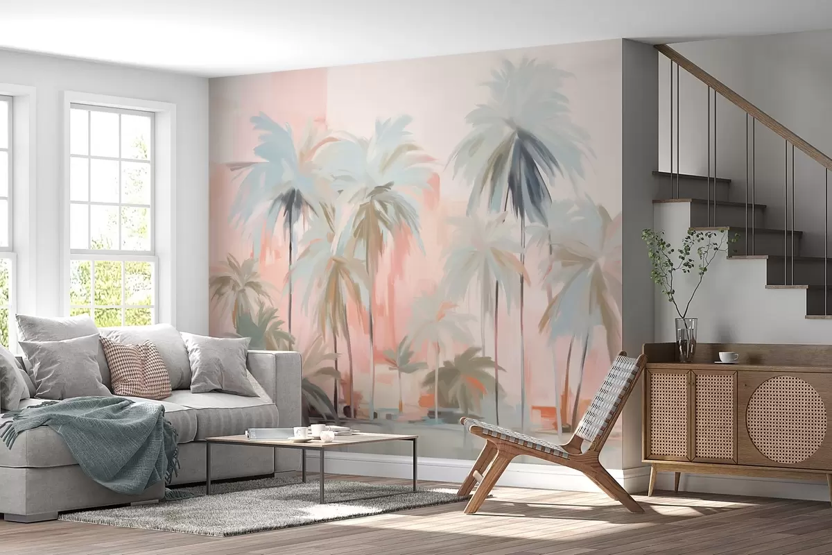 wall murals Abstract minimalistic pastel tropical palm trees, against a background of soft pink and peach hues w09212