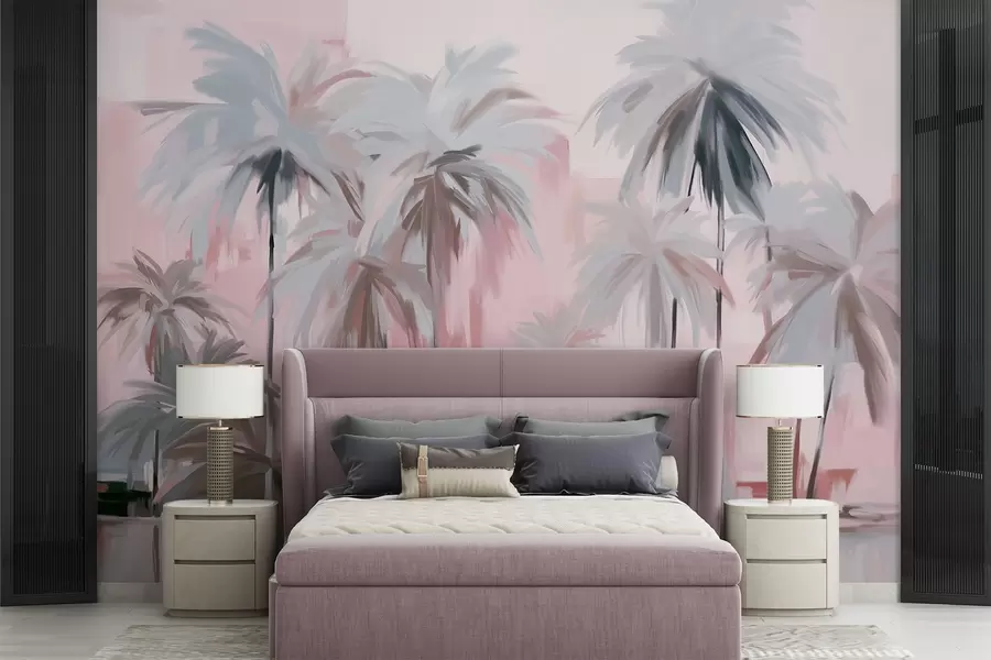 wall murals Abstract minimalistic pastel tropical palm trees, against a background of muted pink and gray hues w09212v1