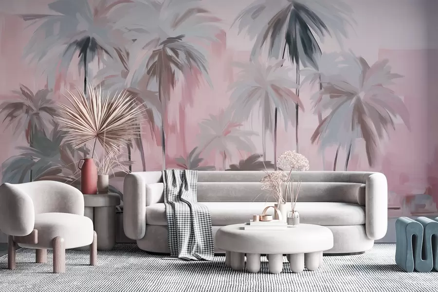 wall murals Abstract minimalistic pastel tropical palm trees, against a background of muted pink and gray hues w09212v1