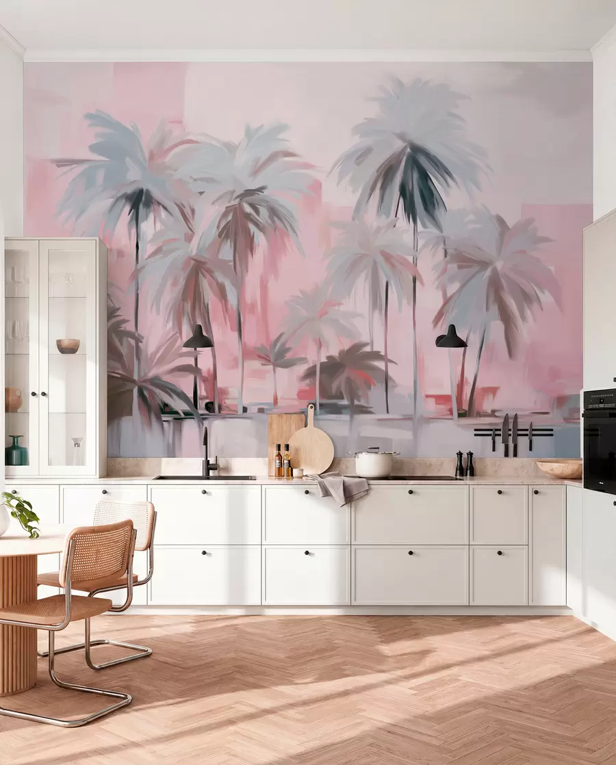 wall murals Abstract minimalistic pastel tropical palm trees, against a background of muted pink and gray hues w09212v1