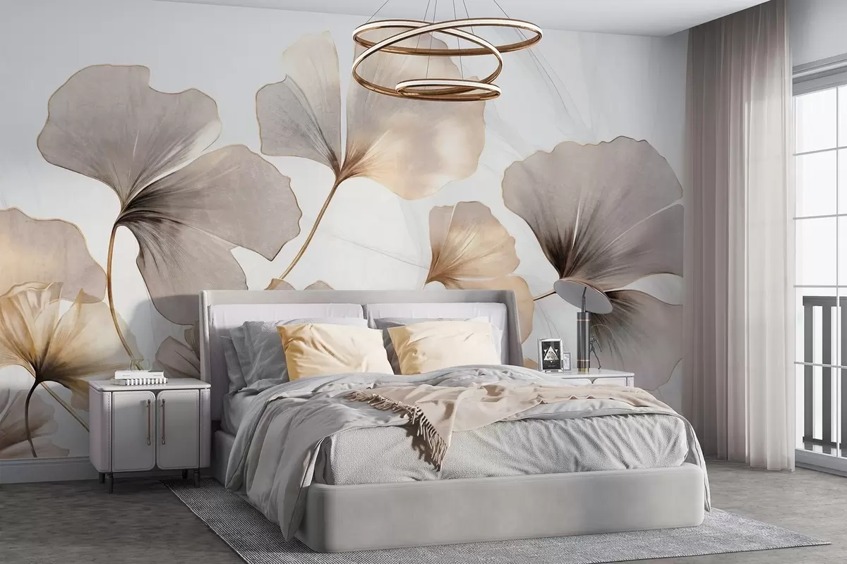 wall murals Ginkgo biloba leaves in beige, yellow and brown tones, delicate textured watercolor effect, light background w09215