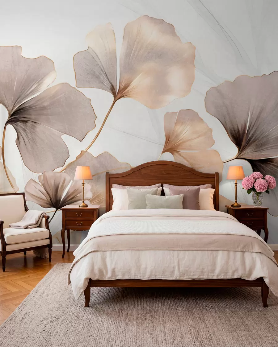 wall murals Ginkgo biloba leaves in beige, yellow and brown tones, delicate textured watercolor effect, light background w09215