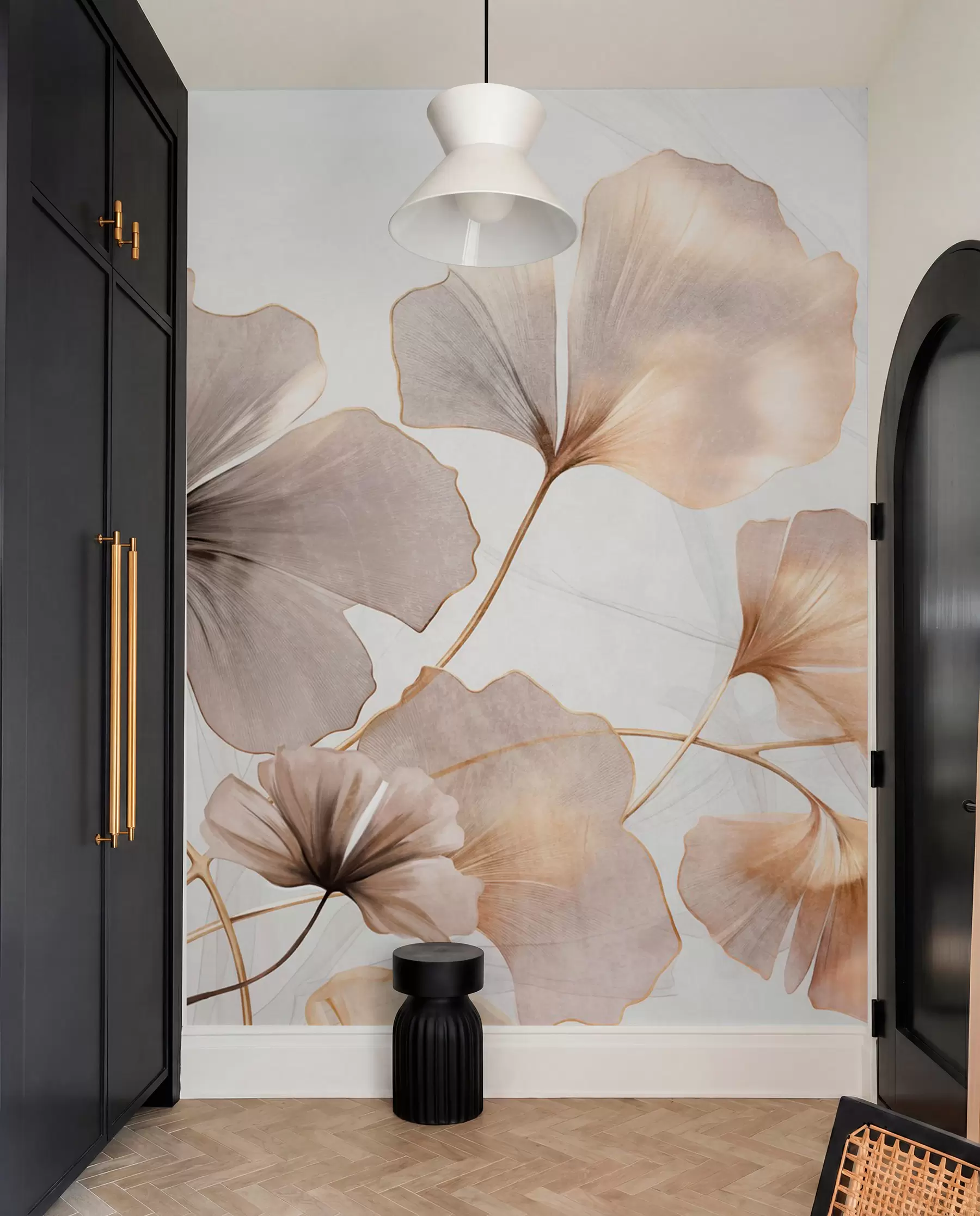 wall murals Ginkgo biloba leaves in beige, yellow and brown tones, delicate textured watercolor effect, light background w09215