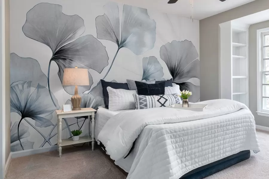 wall murals Ginkgo biloba leaves in muted blue and gray tones, delicate textured watercolor effect, light background w09215v1