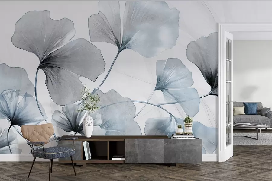wall murals Ginkgo biloba leaves in muted blue and gray tones, delicate textured watercolor effect, light background w09215v1
