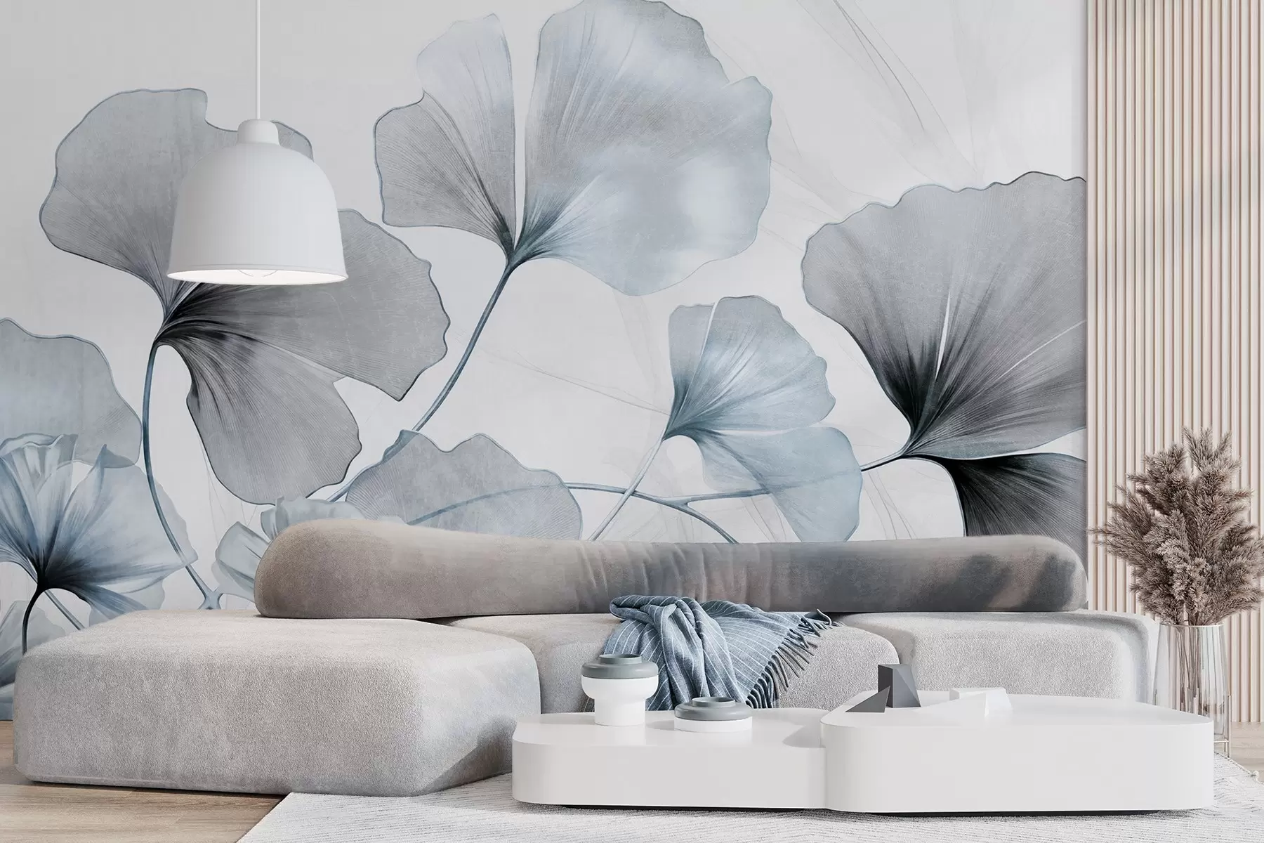 wall murals Ginkgo biloba leaves in muted blue and gray tones, delicate textured watercolor effect, light background w09215v1