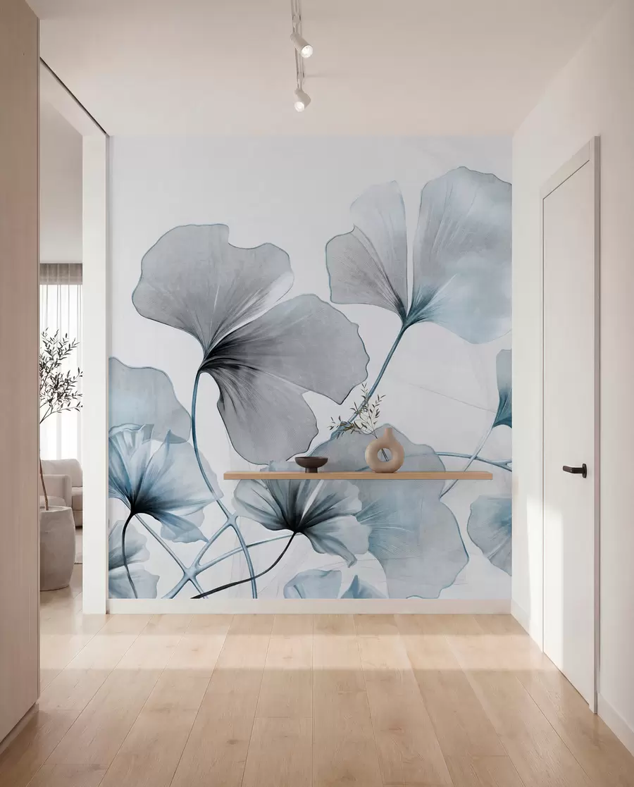 wall murals Ginkgo biloba leaves in muted blue and gray tones, delicate textured watercolor effect, light background w09215v1
