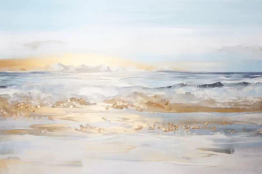 wall murals Abstract textured landscape ocean waves crashing on a sandy beach, soft pastel colors, blue sky with light clouds w09234