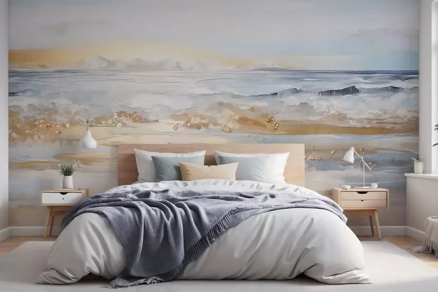 wall murals Abstract textured landscape ocean waves crashing on a sandy beach, soft pastel colors, blue sky with light clouds w09234