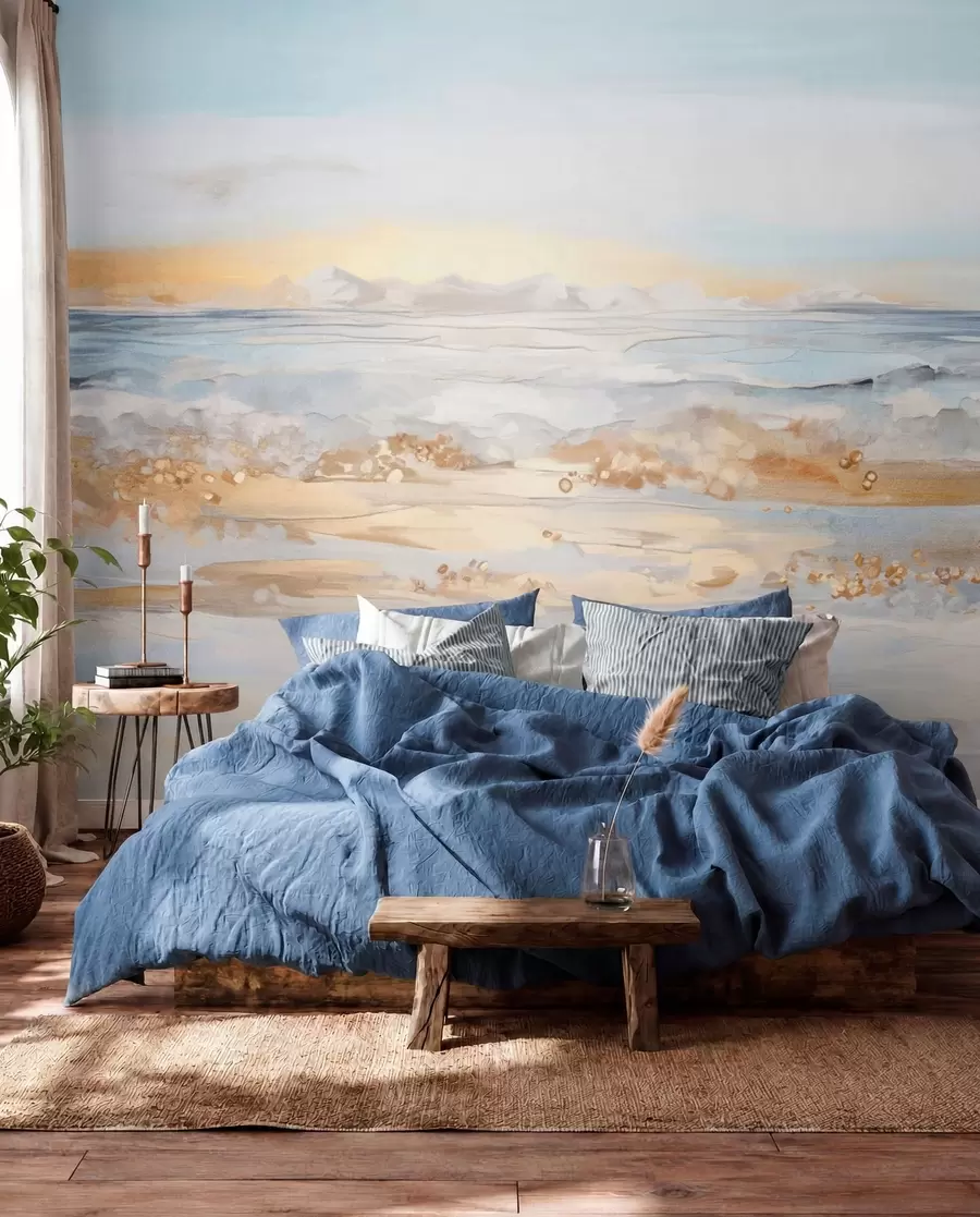 wall murals Abstract textured landscape ocean waves crashing on a sandy beach, soft pastel colors, blue sky with light clouds w09234