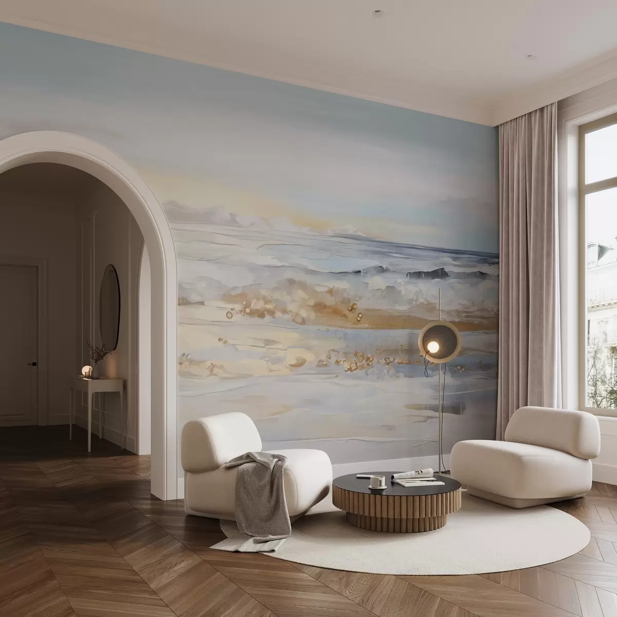 wall murals Abstract textured landscape ocean waves crashing on a sandy beach, soft pastel colors, blue sky with light clouds w09234