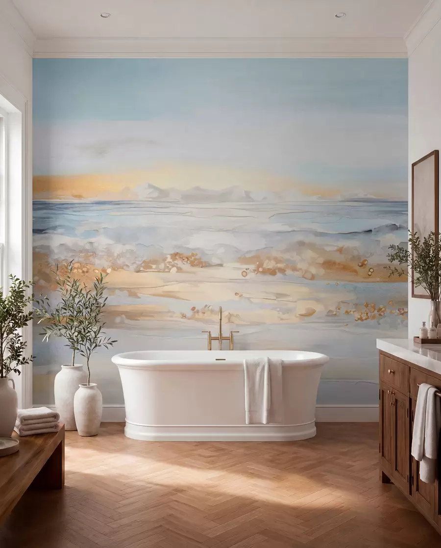 wall murals Abstract textured landscape ocean waves crashing on a sandy beach, soft pastel colors, blue sky with light clouds w09234