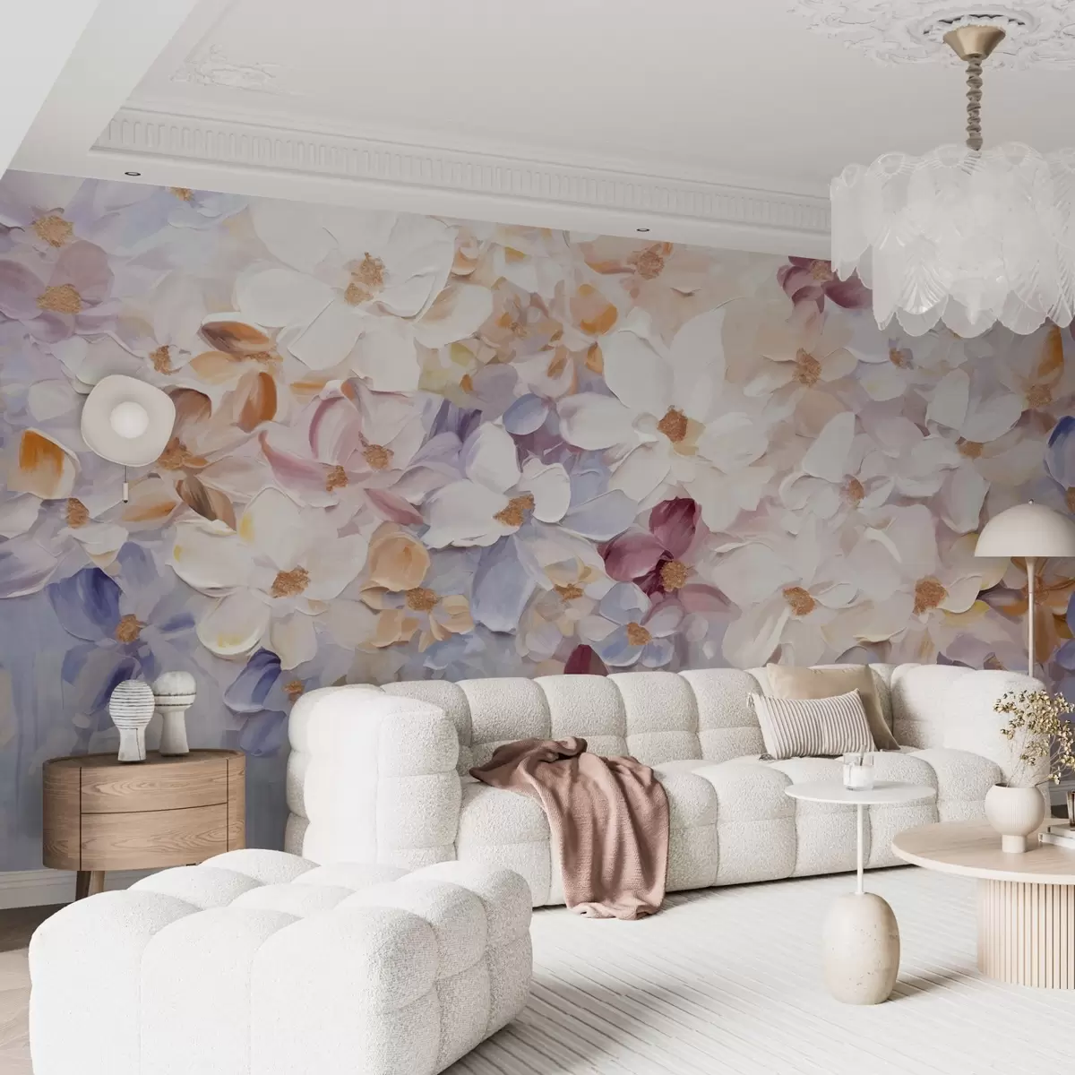 wall murals Oil painting imitation of a flower garden with white, pink and orange flowers, soft brushstrokes, pastel muted colors w09236