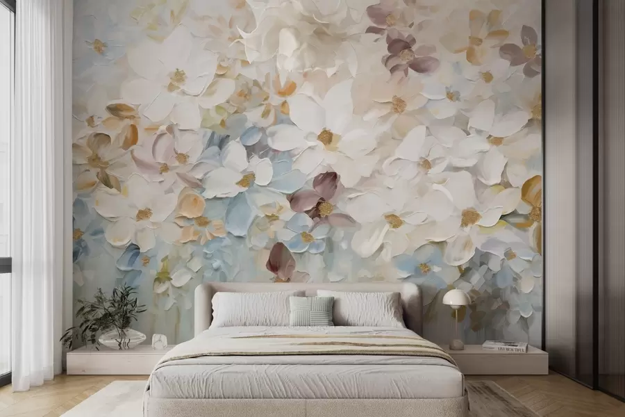 wall murals Oil painting imitation of a flower garden with white, blue and orange flowers, soft brushstrokes, pastel muted colors w09236v1