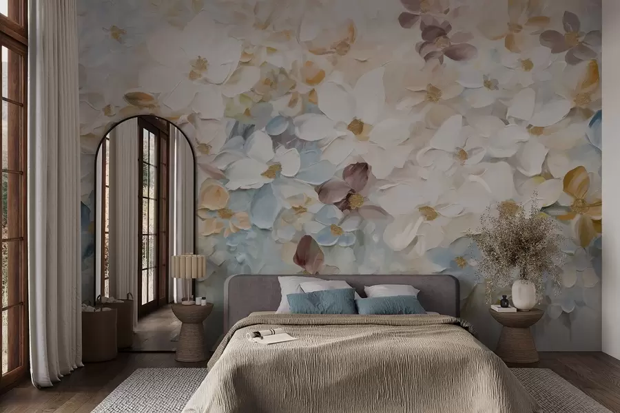 wall murals Oil painting imitation of a flower garden with white, blue and orange flowers, soft brushstrokes, pastel muted colors w09236v1