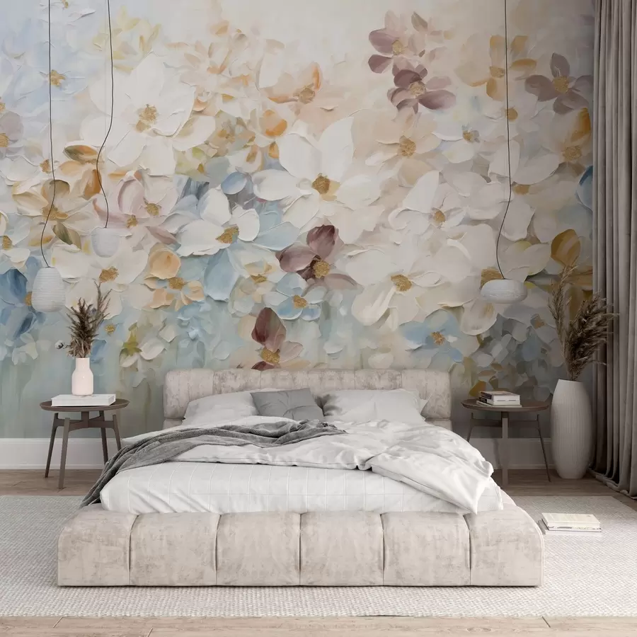 wall murals Oil painting imitation of a flower garden with white, blue and orange flowers, soft brushstrokes, pastel muted colors w09236v1