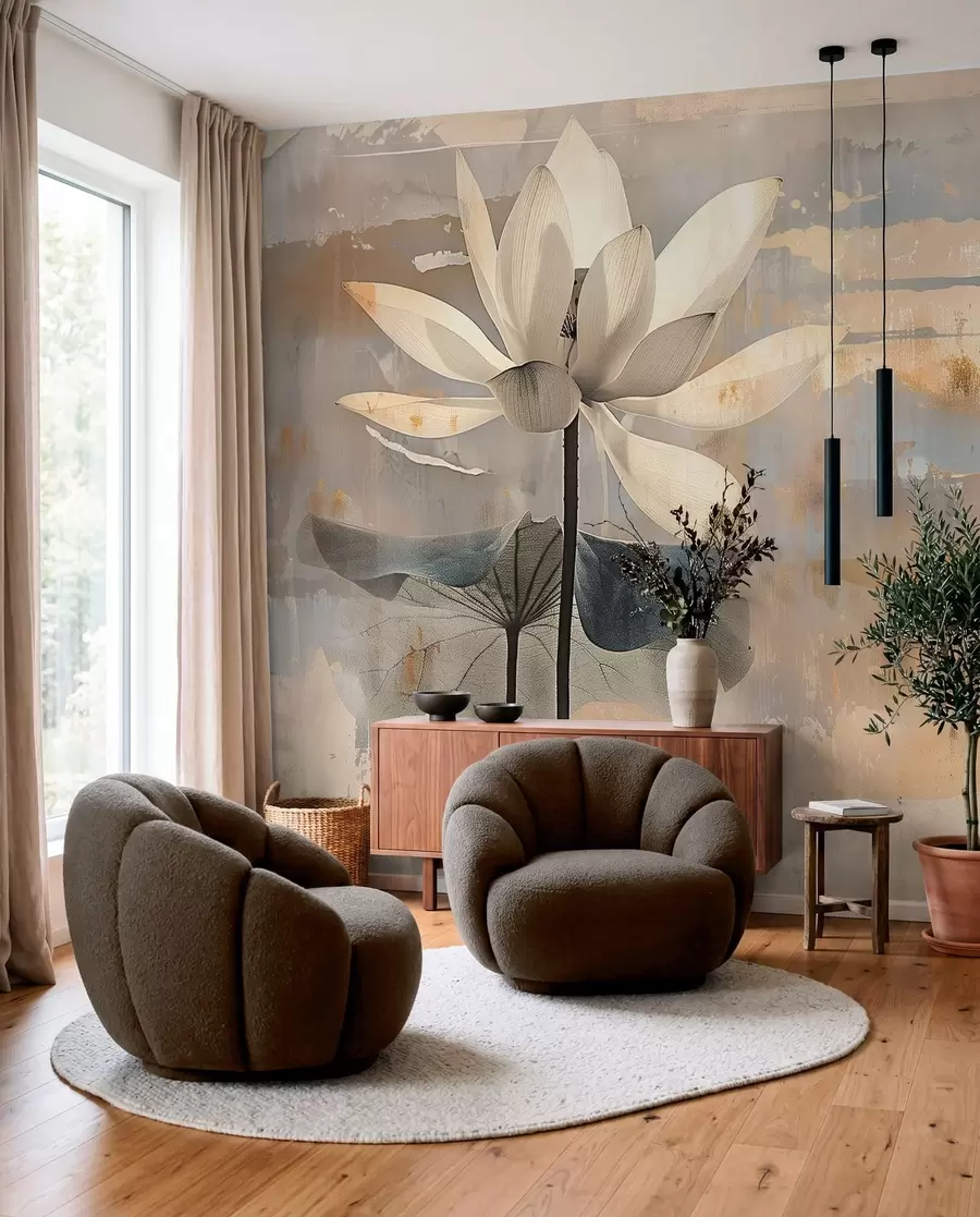 wall murals Imitation of a watercolor lotus against an abstract brushstroke background w09244