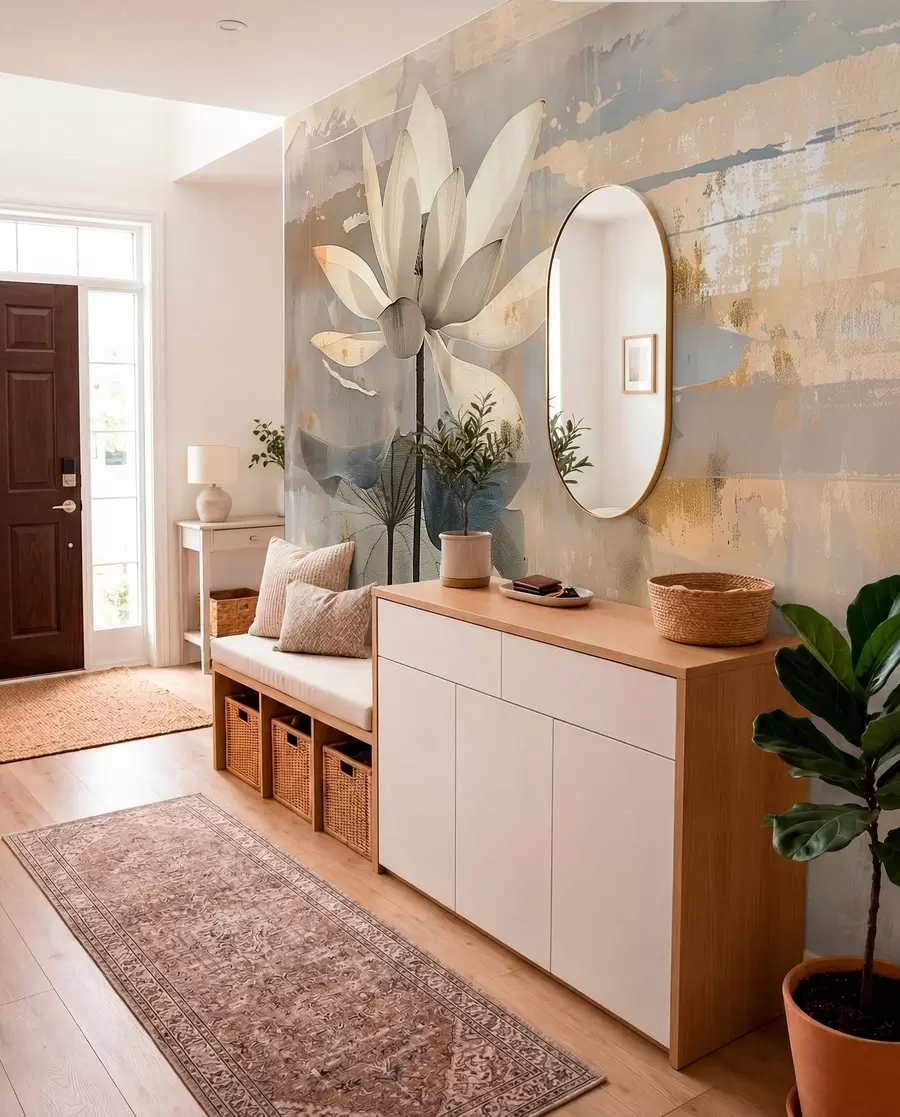wall murals Imitation of a watercolor lotus against an abstract brushstroke background w09244