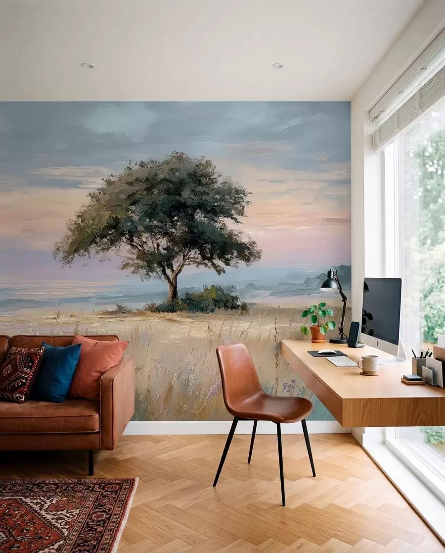wall murals tree in the middle of a field in the style of oil painting w04206