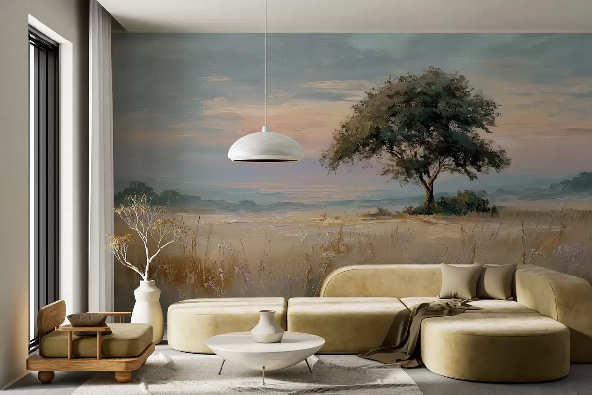 wall murals tree in the middle of a field in the style of oil painting w04206