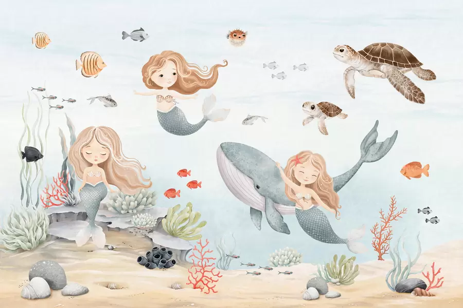 wall murals Underwater world with mermaids and fishes w04166