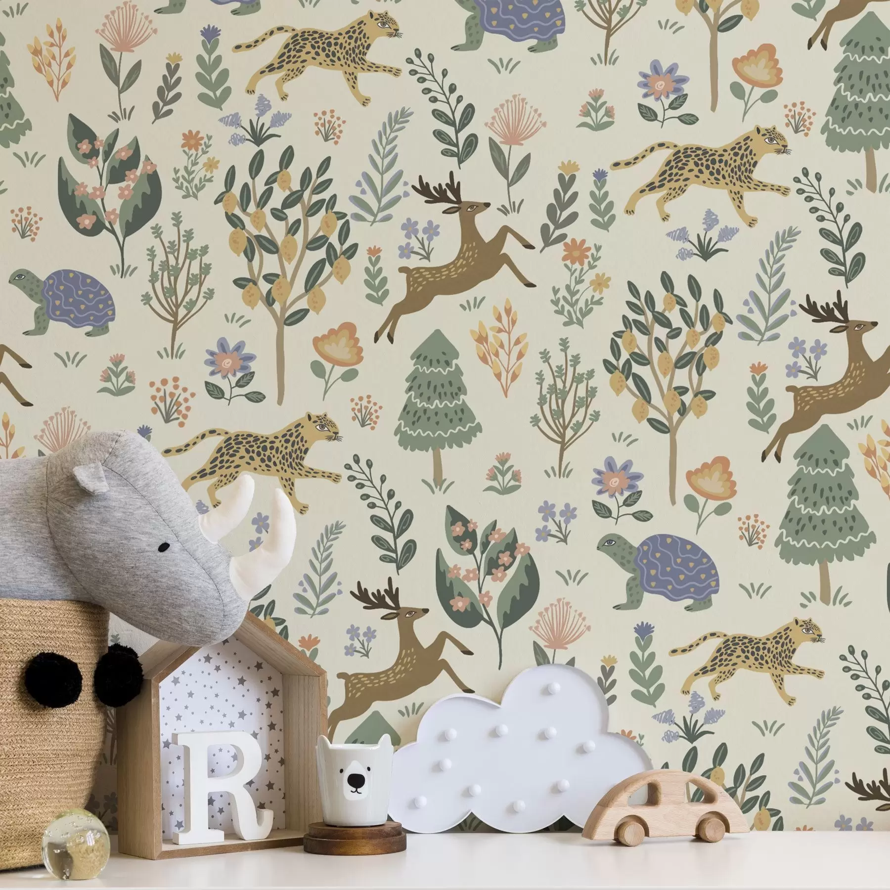 wall murals Retro illustration with leopards, trees and deer a00184