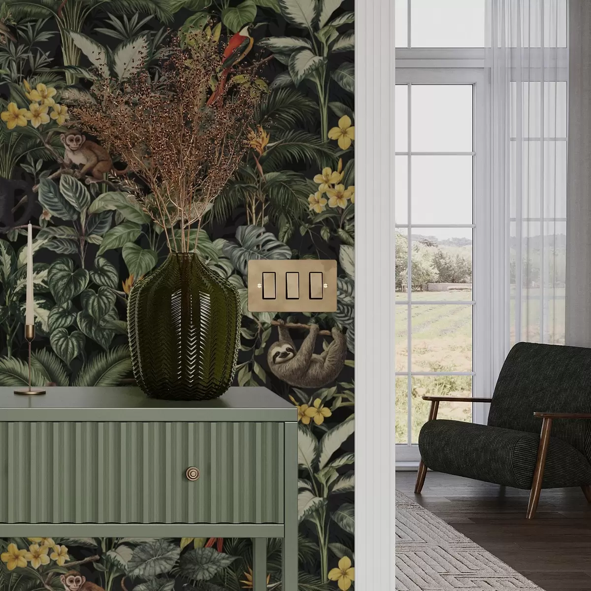 Wallpaper Tropical jungle with monkeys, birds and dense foliage a00191