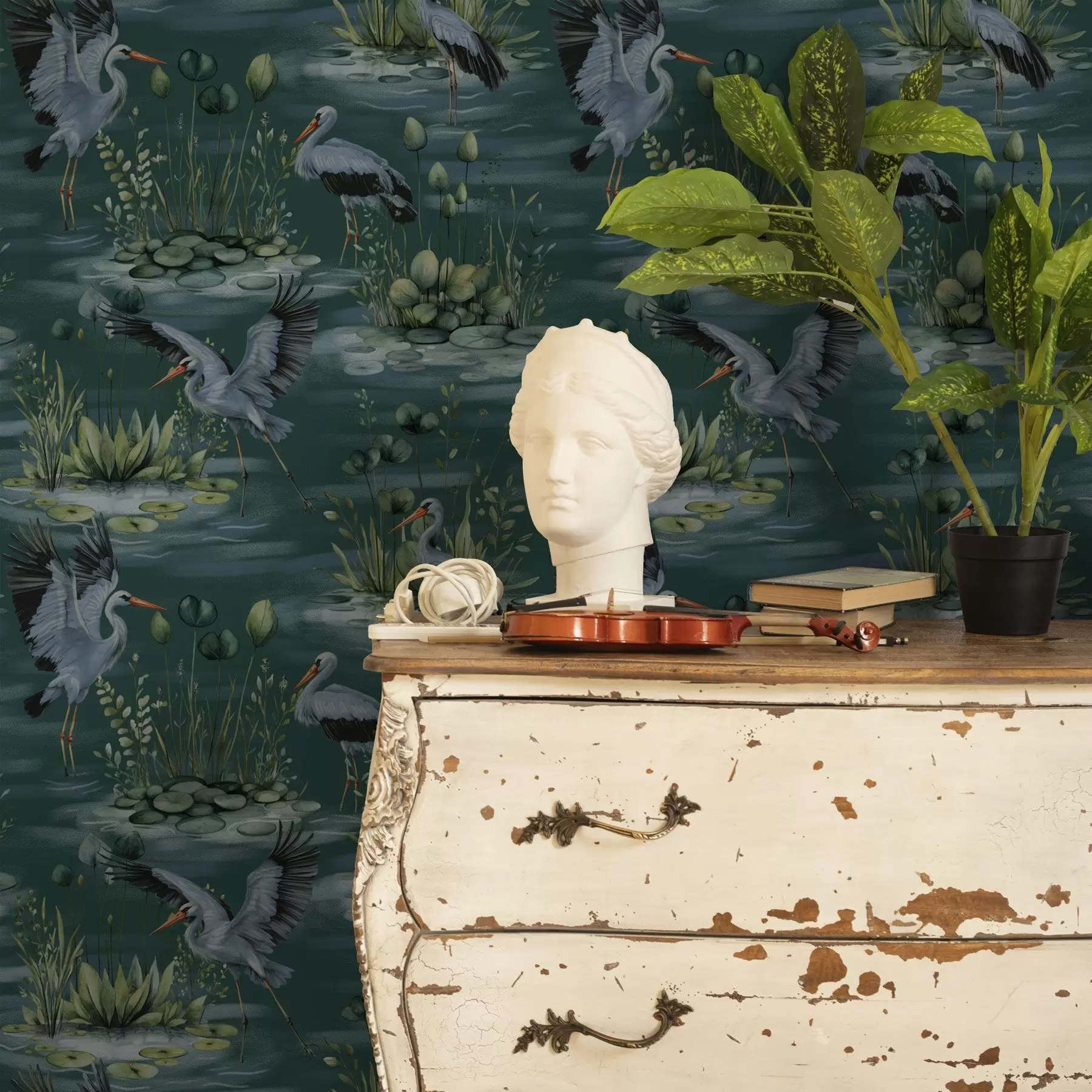 wall murals Scenes with herons on the background of ponds and water lilies a00202