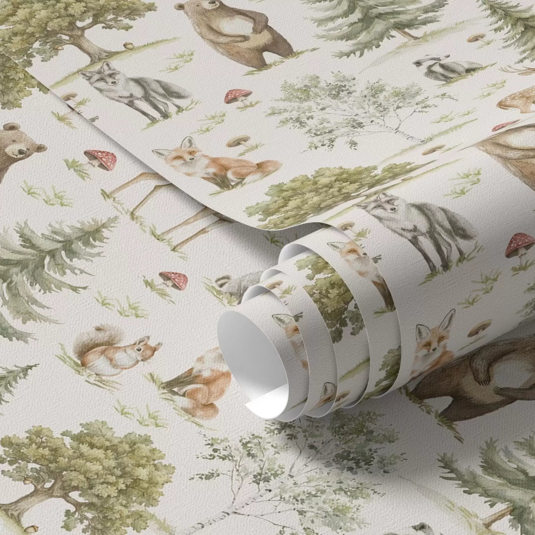 wall murals Forest animals in soft watercolor style, trees and mushrooms a00212