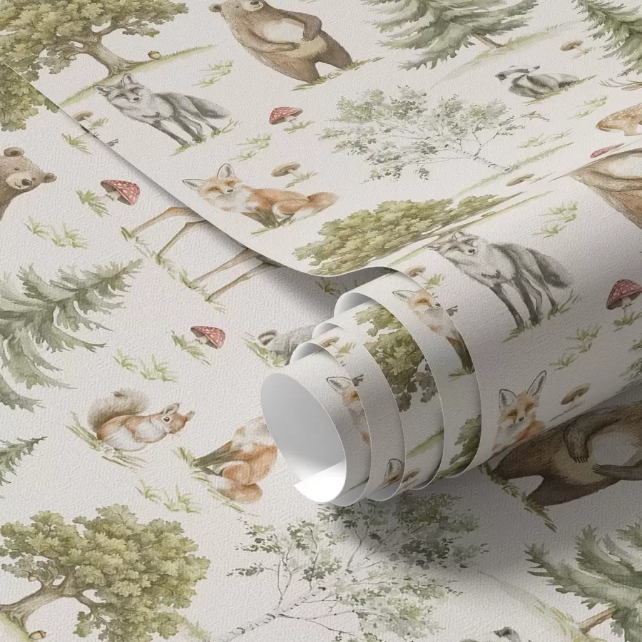 wall murals Forest animals in soft watercolor style, trees and mushrooms a00212