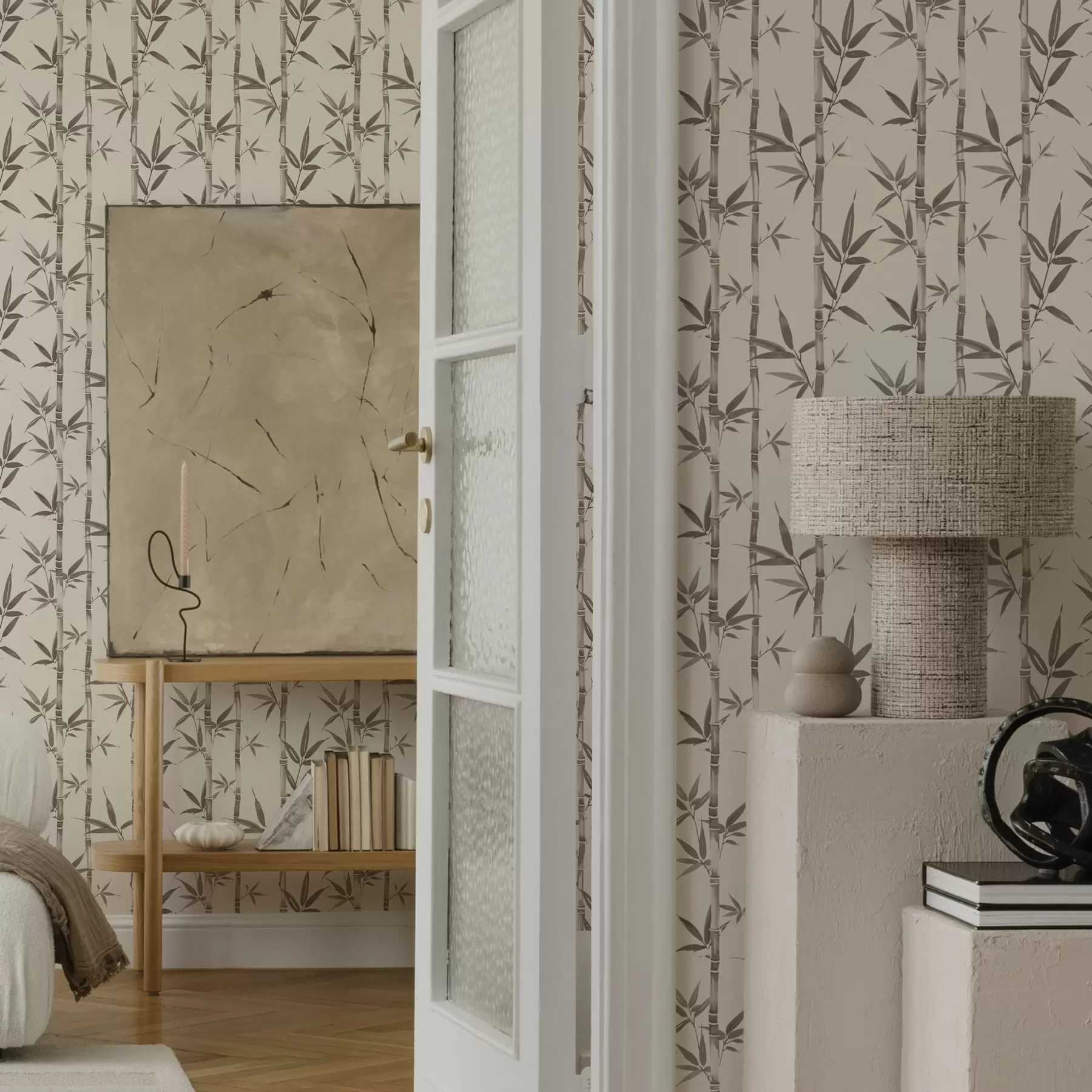 wall murals Beige bamboo pattern with Japanese-style leaves a00236