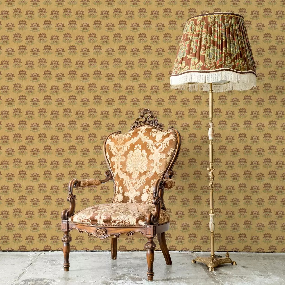 Wallpaper Retro floral pattern with lotuses on yellow background a00238