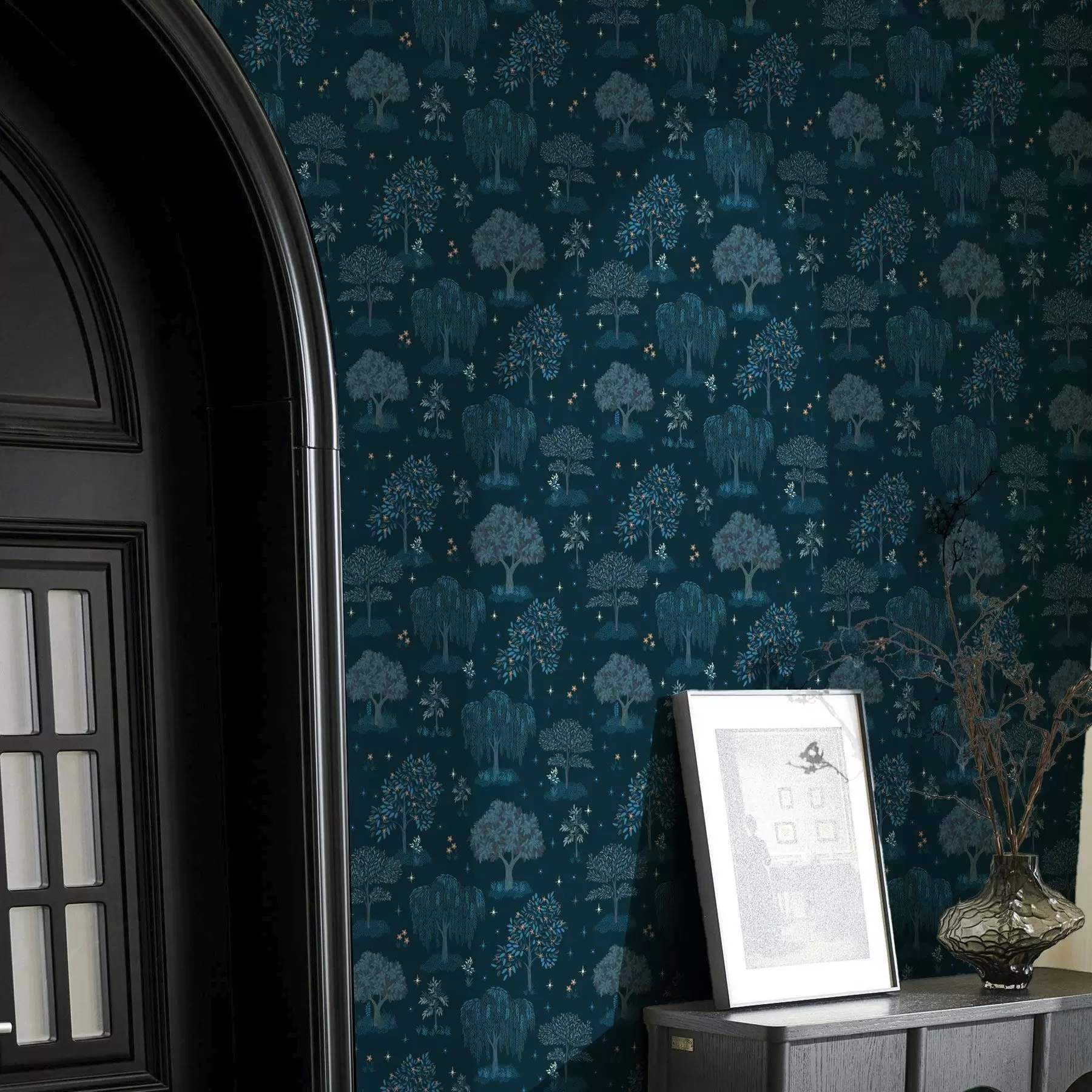 wall murals Fairy night forest with stars and decorative trees a00248