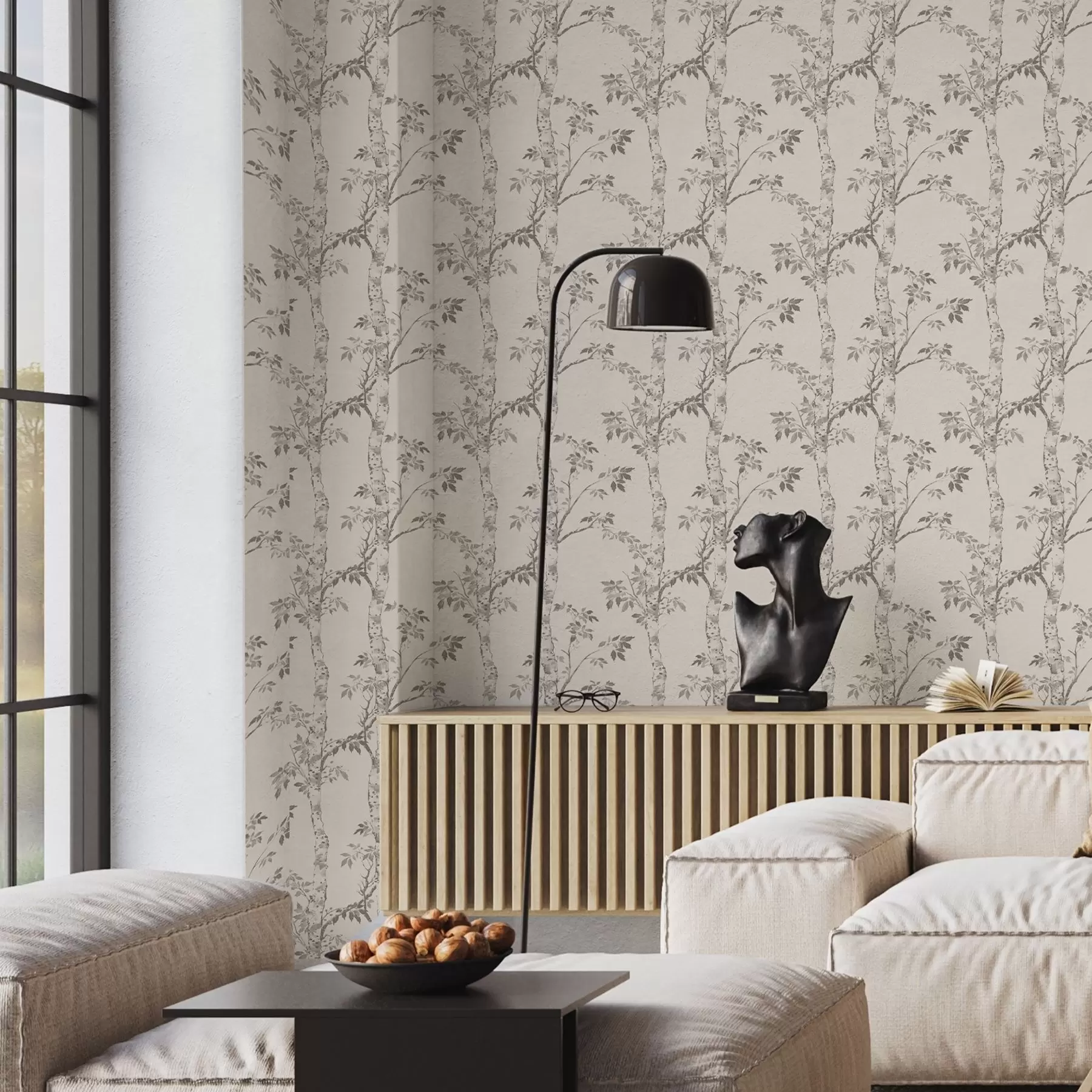 wall murals Birch branches with leaves on a light background a00257