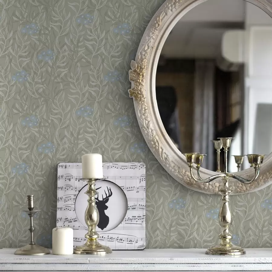 wall murals Green background with white branches and blue flowers a00268v1