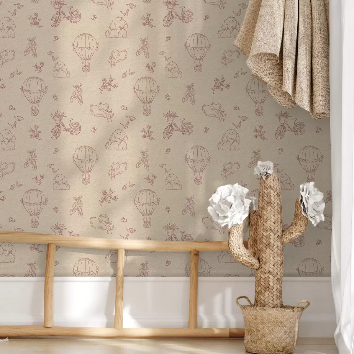 Wallpaper Baby pink pattern with dog, flowers and air a00279