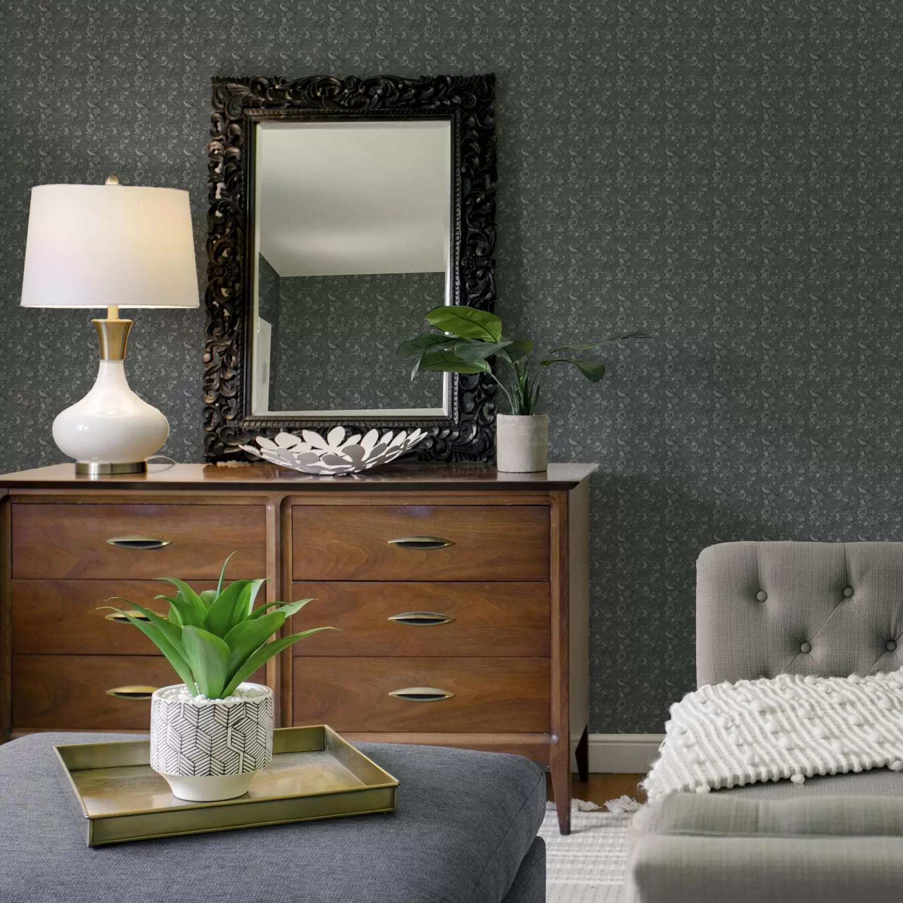 wall murals Dark pattern with birds and flowers, classic style a00281