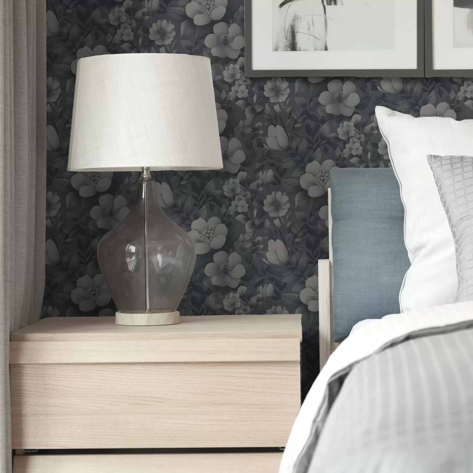 wall murals Dark blue pattern with voluminous white flowers a00282